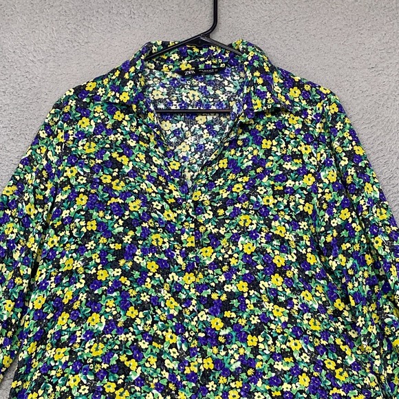 Zara Top Womens Small Oversized Button Up Long Bishop Sleeve Ditsy Yellow Blue - Picture 2 of 15